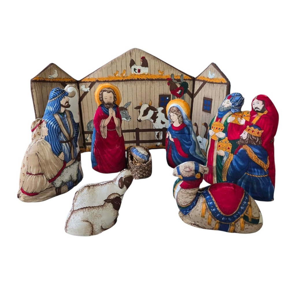 Vtg Handmade Fabric Nativity Set Stuffed Manger Scene Christmas Religious (9 Pc)